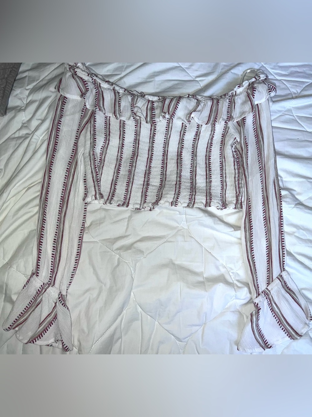 vestique white stripe off the shoulder ruffle crop top